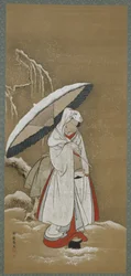 Winter: eine junge Frau, die im Schnee geht, Edo-Periode, ca. 1772-80